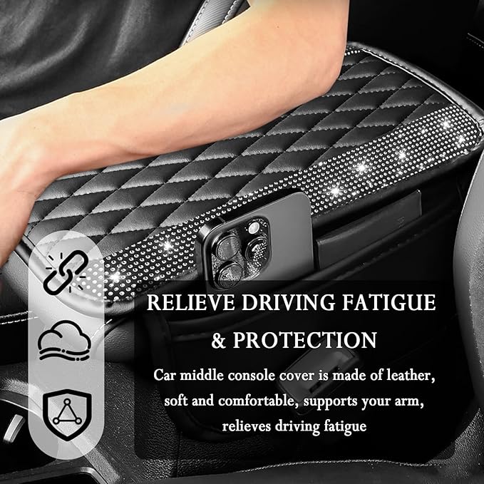 Car Center Console Cover with Diamond Grid Design,Bling Armrest Cover Cushion with 2 Storage Bags,Soft Leather Arm Rest Cover for Car Interior Accessories (Black + White)