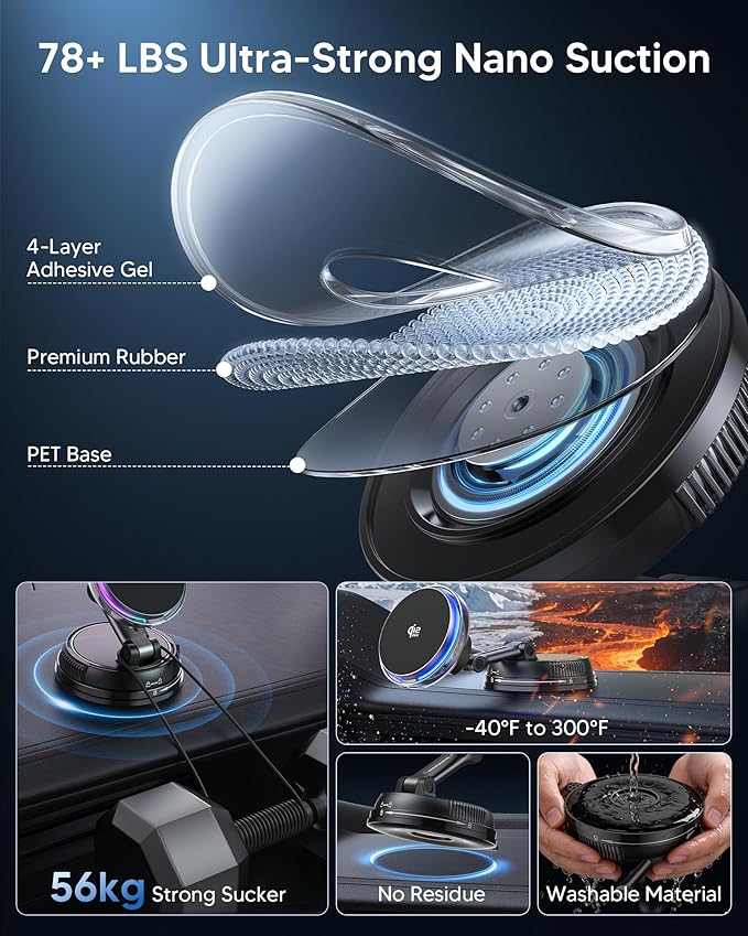 Qi2.2 25W MagSafe Car Mount Charger, [Phone Cooling Fan＆RGB Lights] Wireless Car Charger with 78+LBS Vacuum Suction, 360°Rotatable Magnetic Car Phone Holder with 63w Adaper for iPhone 17-12 Series
