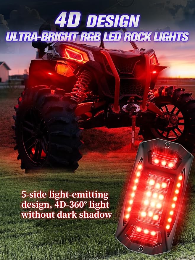 8 Pods 5-Sides Full Angle RGB LED Rock Lights High Brightness 36 Beads RGB 5050 IP68 Waterproof Underglow Multicolor Zone Neon Exterior Rock Lights for 12V Trucks Jeep UTV ATV RZR Offroad Pickup SUV