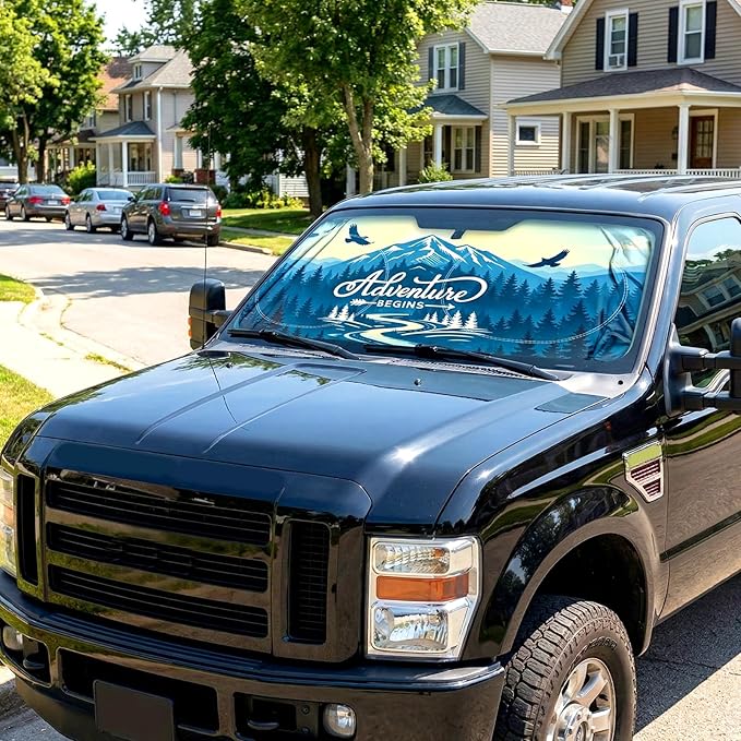 63"x28.5" Car Windshield Sun Shade with Storage Pouch, Stylish Printed Front Window Sunshade with Double Ring Frame, Universal Fit Foldable Heat Blocker & UV Protector for SUV, Sedan (Adventure-Peak)