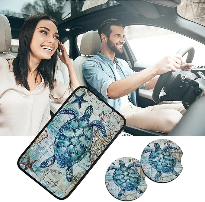 Car Armrest Cover Pads Universal Fashion Cute Auto Center Console Armrest Cover Pad with 2PCS Car Coasters Soft Waterproof Car Armrest Seat Protector for Women, Sea Turtle Starfish