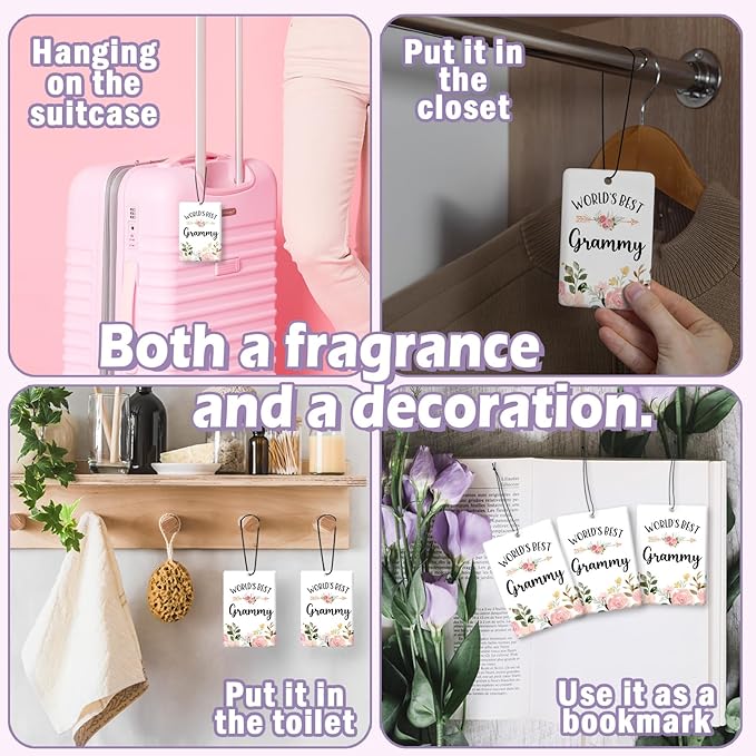 Grammy Grandma Gifts Car Air Freshener Accessories 3pcs,World's Best Gifts for Granmda Christmas, Pink Flower Rustic Hanging Scent Lavender Fragrance Card for Women Closet Bathroom Home Decor