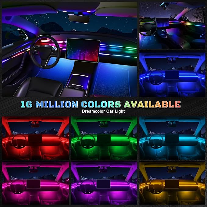 Dreamcolor Acrylic Interior Car LED Strip Light with Wireless APP, RGB 10 in 1 with 175 inches 612 LEDs Fiber Optic Strip Lights for Car, Dual Zone Symphony Neon Car Ambient Lighting