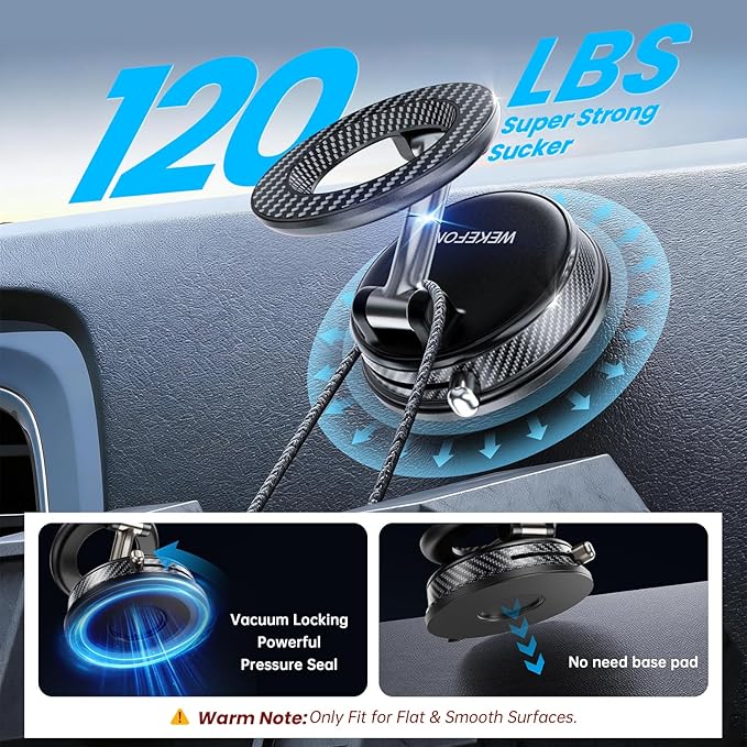Upgraded Car Phone holder for Magsafe [120LBS Suction Cup & 3000gf Magnet ] 1100° Adjustable Vacuum Magnetic Phone Holders for Your Car, Dashboard Car Mount Bracket for iPhone & Android, Carbon Fiber