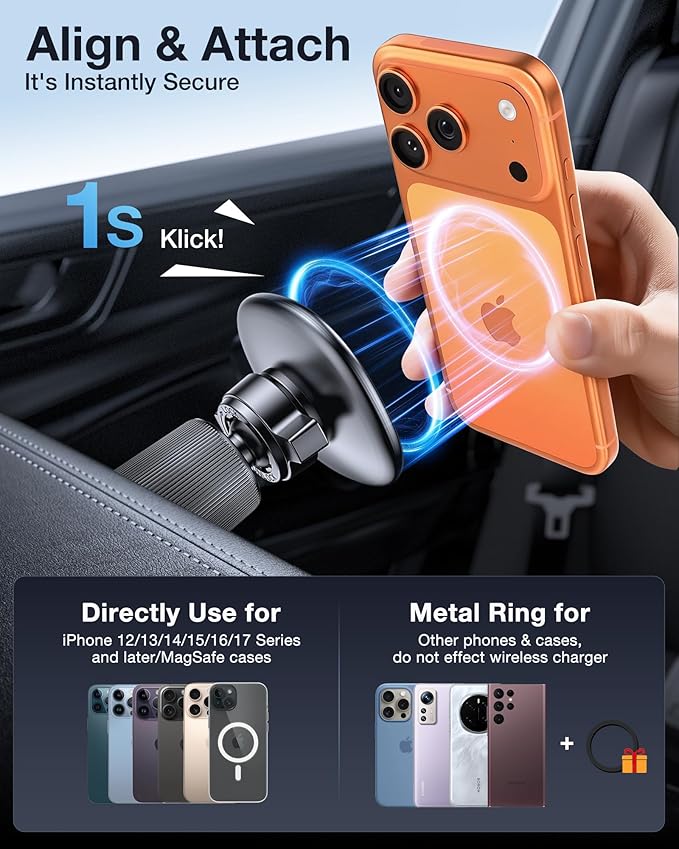 Miracase for MagSafe Car Mount with Metal Hook Clip, Magnetic Phone Holders for Car Phone Holder, Compatible with Garmin GPS Antenna Fit iPhone Android and All Smartphones, Dark Black