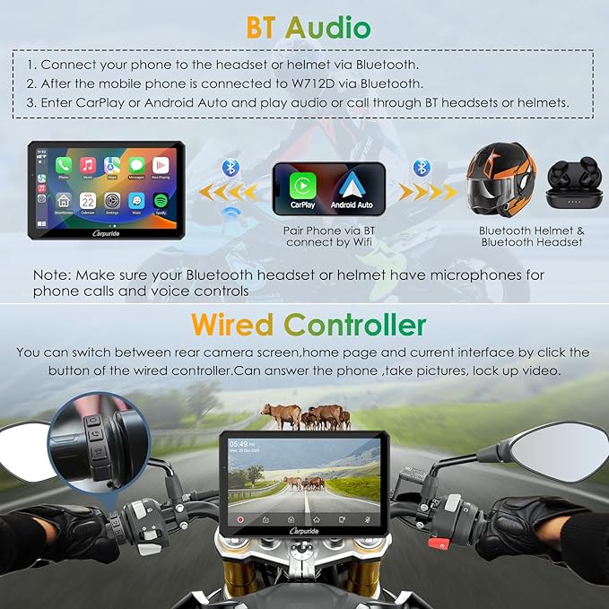 Carpuride W712D Motorcycle Carplay Screen with HD 1080 Dual Dash Cam, Wireless Car Play and Android Auto, 7" Waterproof Rotatable Navigation Touchscreen, Loop Recording, Bluetooth, Wired Controller