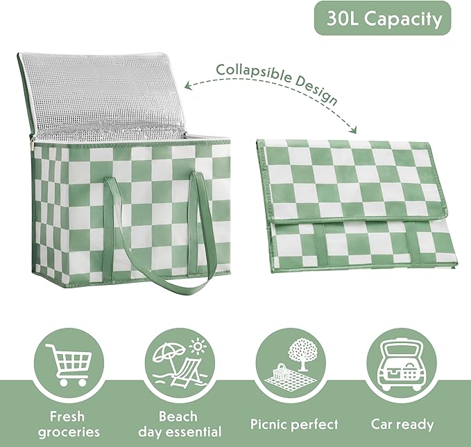 Checkered Insulated Grocery Bags 2 Pack, Checkerboard Cooler Shopping Bags for Groceries, Insulated Bags for Food Delivery