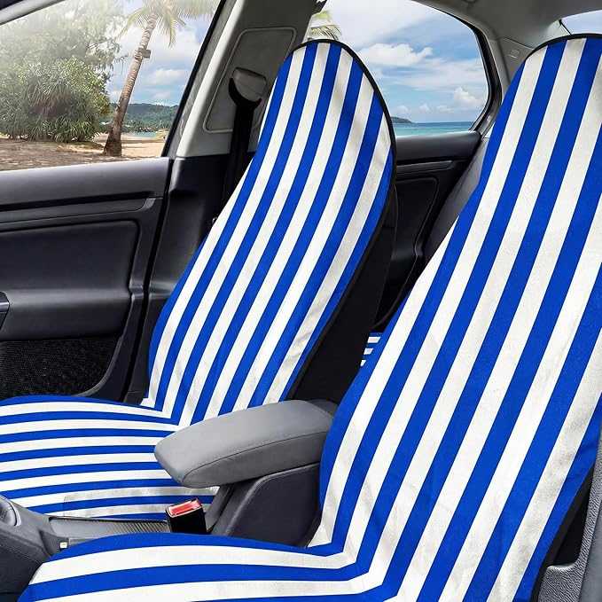 2 Pack Car Seat Towel Covers, Sweat Protector for Front Seats, Premium Thickened Microfiber with Blue and White Stripes, Breathable & Quick Dry, Machine Washable Cover for Gym Running Universal Fit