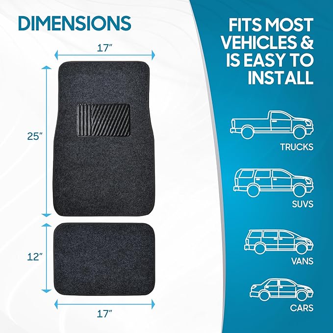 BDK Premium Dark Gray Carpet Floor Mats for Cars - Universal Fit Interior 4-Piece Car Mats Full Set with Vinyl Heel Pad Protector - Cute Car Accessories Interior Floor Covers for SUVs & Trucks