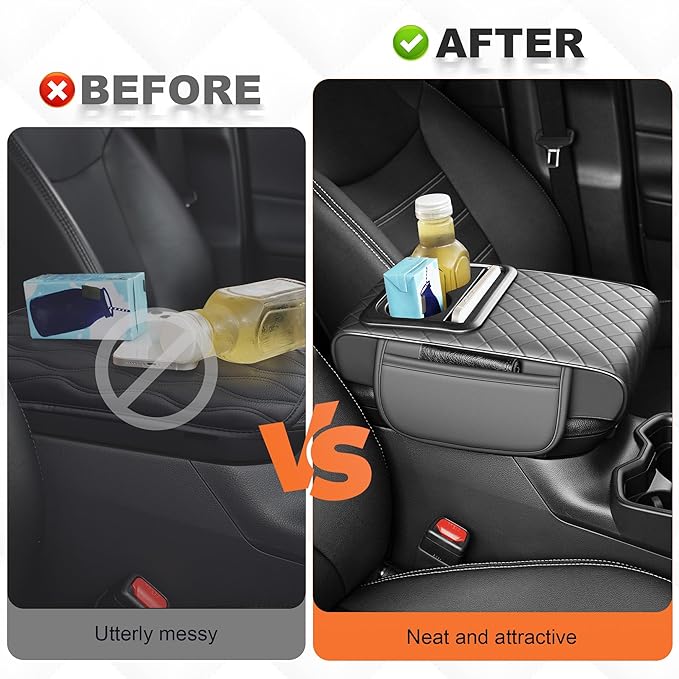 Center Console Cover Fit for Kia Forte 2010-2024 with 2 Storage Bags Waterproof Leather Quilted Pattern Car Armrest Cover Cushion Elevating Pad Anti-Slip(Grey)