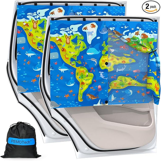Car Window Shades with 8 Magnets-26.8"x19.7" Car Rear/Side Window Sunshade for Baby Semi-Transparent 2-in-1 Universal Auto Sun Shade for Kid & Pet Protection (2 Pack) World Map