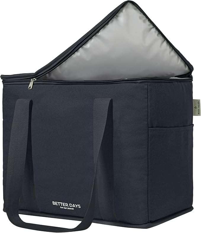 Reusable Insulated Grocery Bag - Leak Proof, X Large Cooler Bag - Insulated Shopping Bags for Groceries - Travel Cooler Bag for Frozen and Hot Food with Zippered Top (Black)