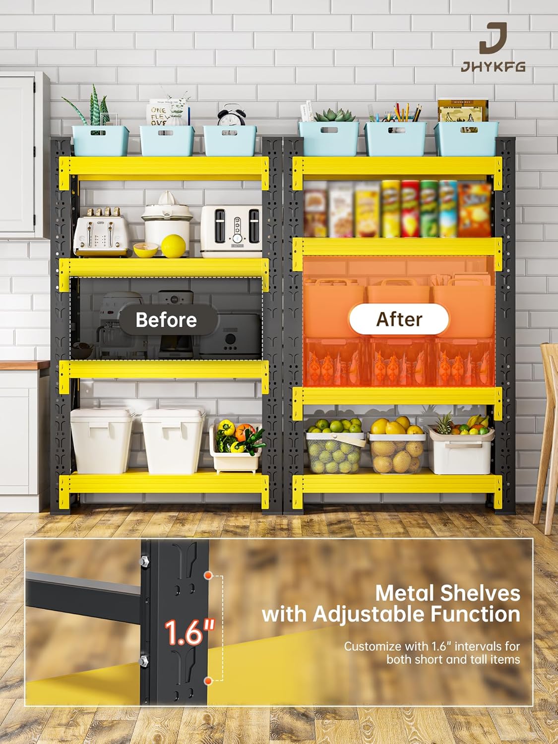 4-Tier Storage Shelves,63" H Heavy-Duty Garage Shelving Unit,Adjustable Industrial Metal Shelf System,3,000lbs Capacity,Tool Organizer for Garage,Workshop,32" W*20" D*63" H,Black&Yellow