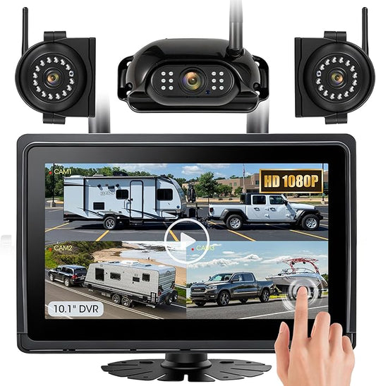 10.1" - 3 Wireless RV Backup Camera System, 1080P DVR Touch Screen Rear Side Cameras for Monitoring, Compatible with Furrion Pre-Wired Plug, Clear Night Vision Camera for Trailer Truck, A23