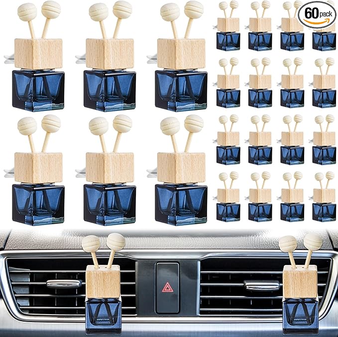 Zubebe 60 Pcs Car Diffuser Bottles Empty Bulk Vent Clip Car Air Freshener Diffuser for Essential Oil Perfume Glass Bottle with Wooden Caps Stick Fragrance Ornament (Gradient Black)