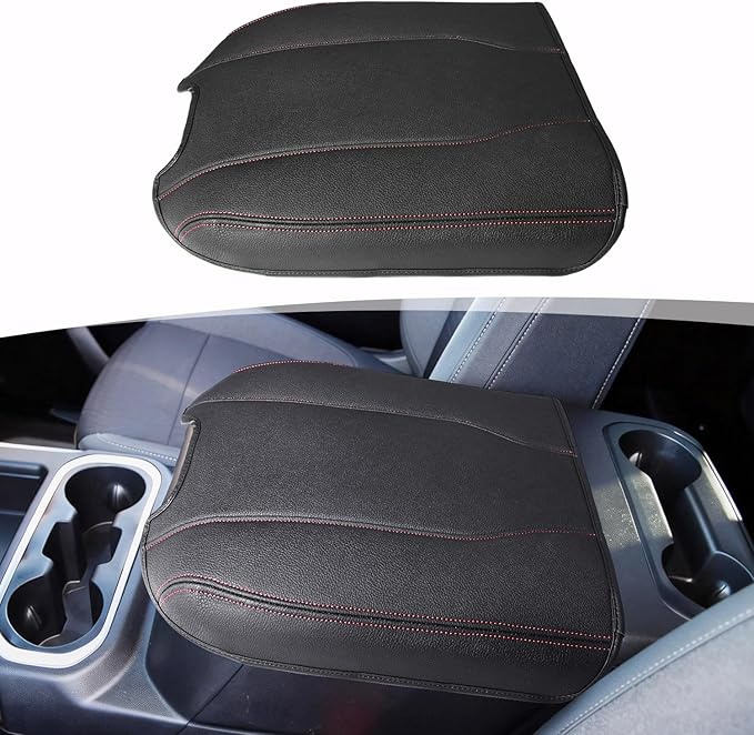 Center Console Armrest Cover for Chevy Chevrolet Silverado 1500/GMC Sierra 2019-2026, Tahoe/Suburban/Yukon 2021-2026, PU Leather Middle Console Lid Protector Cushion Thick Pad Black/Red(Bucket Seat)