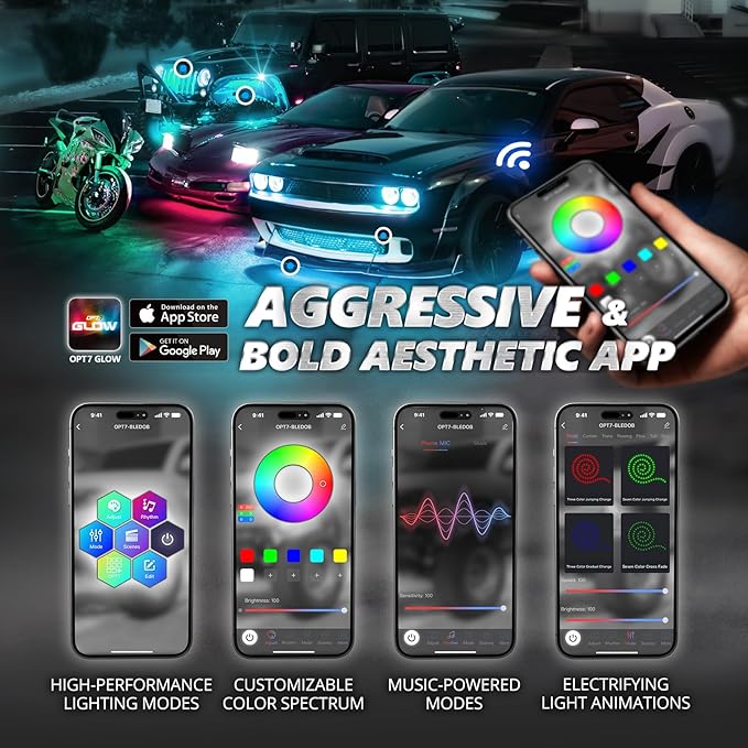 OPT7 Aura Pro Halo Accent Lights for 2008-2023 Dodge Challenger with App & Remote Control, Car Neon Accent Lighting Accessories, 12" Multi-Color LED Strip