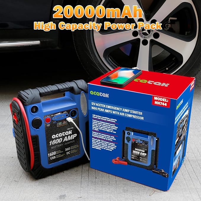 Jump Starter,1600 Peak Amp 12 Volt Jump Starter with Air Compressor, Auto Lead-Acid Battery Booster (Up to 6L Gas or 6L Diesel Engine) with LED Light & USB Output