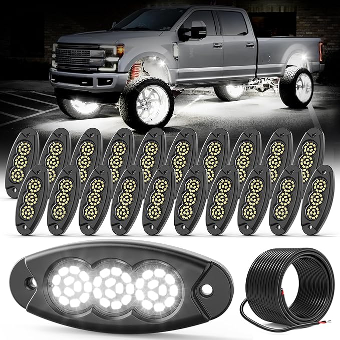 20 Pods White Rock Lights, 36 LEDs 6500K Ultra Bright IP68 Waterproof Underbody Lights for Car Truck Pickup Boat RV RZR ATV with 32.8ft Extension Wire
