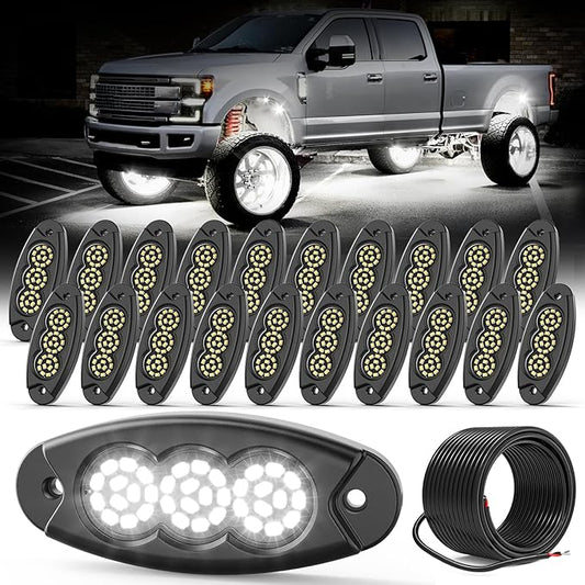 20 Pods White Rock Lights, 36 LEDs 6500K Ultra Bright IP68 Waterproof Underbody Lights for Car Truck Pickup Boat RV RZR ATV with 32.8ft Extension Wire