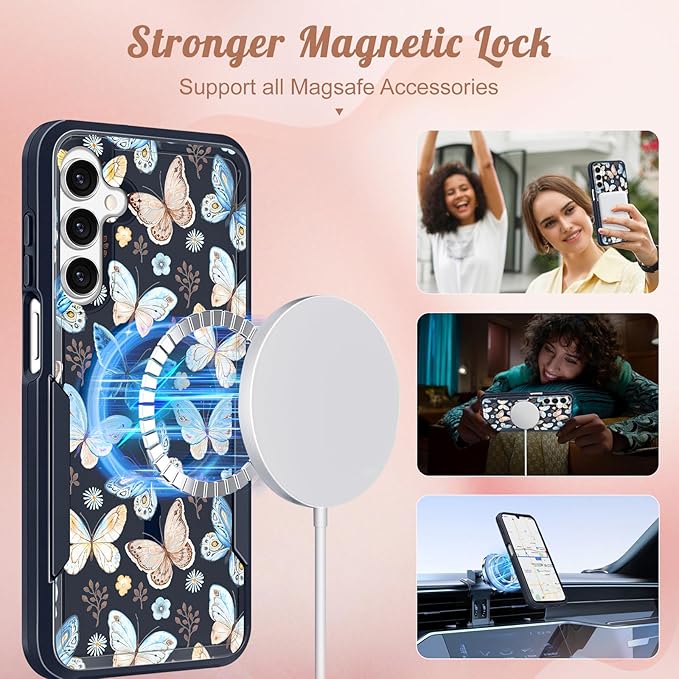for Samsung Galaxy A14 5G Phone Case - Compatible with MagSafe Women Girls Cute Magnetic Protective Cover Girly Blue Butterfly Heavy Duty Shockproof Design for Samsung Galaxy A14 5G Cases