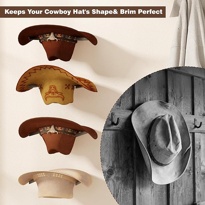2-Pack Metal Hat Rack for Wall Mount – Space-Saving Cowboy Hat Holder & DIY Wall Display Hanger – Compact Hat Organizer with Screws, Black (No wooden board)