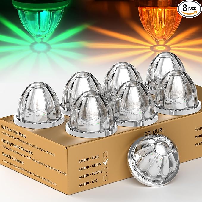 8-Pack Dual Color Watermelon Lights LED Strobe & Steady Cab Roof Clearance Warning Marker Lights with Clear Lens & Bezel Suitable for Trailer Kenworth Peterbilt Freightliner (Amber Green)