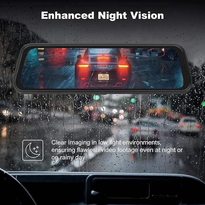 BY-J 9.66" 4K Mirror Dash Cam Front and Rear, Backup Camera for Cars, Full Touch Screen Rear View Mirror Camera, Smart Driving Assistant, Loop Recording Streaming Media