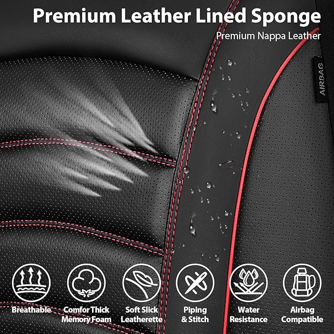 CAR PASS 3D Foam PU Leather Car Seat Covers, Universal Seat Covers Front 2 for Trucks SUV Sedan Automotive Seat Covers Armrest Airbag Compatible Waterproof Comfortable Faux Nappa Leather Black Red