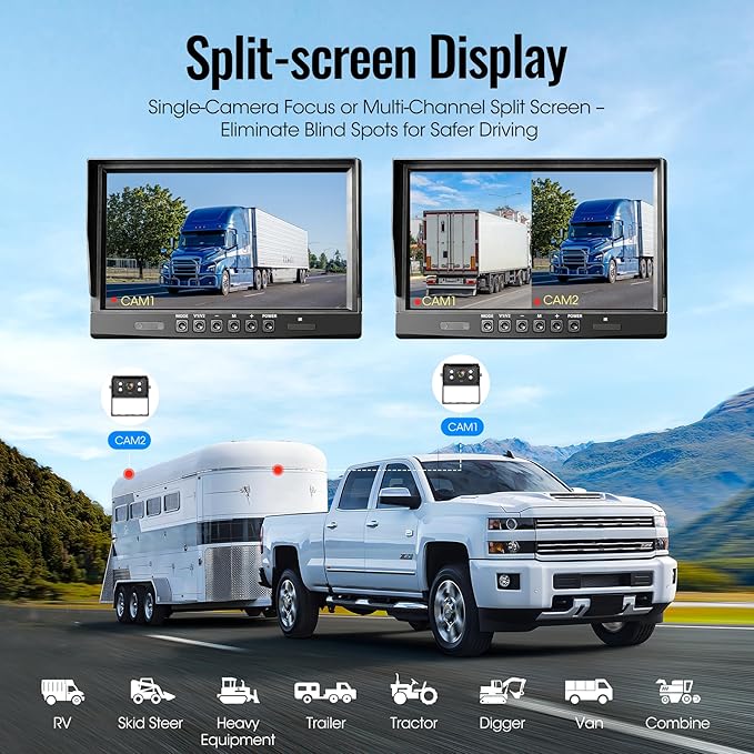 10.1" 1080P Wired Backup Camera System, DVR Rear View Camera, IP69 Waterproof IR Night Vision, 20G Vibration-Proof for Trailer/Tractor/Truck/Combine/Caravan/Skid Steer/Heavy Equipment/UTV, Y5