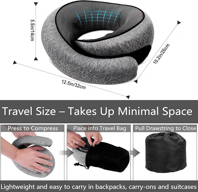 Travel Neck Pillow for Airplanes, Memory Foam with Chin Support, Ergonomic 360 Degree Cervical Support for Plane/Car/Train/Office (Dark Grey)
