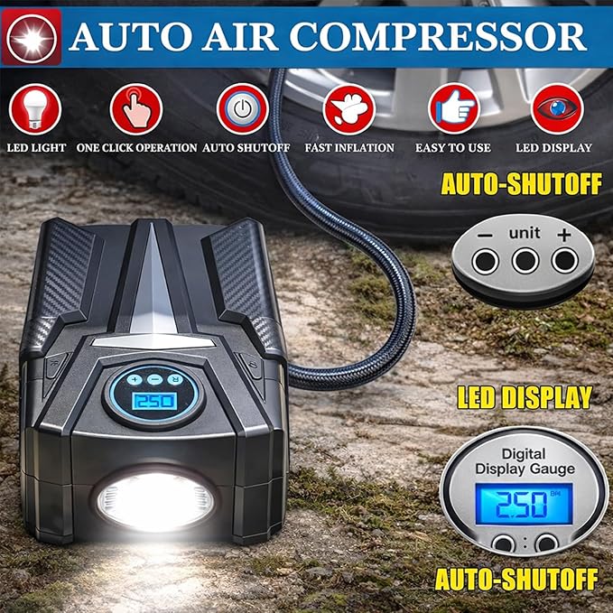 kewen Car Emergency Kit, Roadside Assistance Emergency Car Kit Jumper Cables, Road Trip Essentials, Auto Vehicle Car Safety Kit with Digital Air Compressor Tire Inflator, Reflective Warning Triangle
