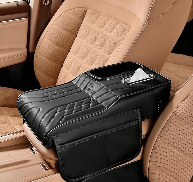 Center Console Cover, Car Armrest Cushion with Cup Holder&Tissue Box, 2 Side Storage Box, Car Armrest Storage Box Interior Accessories (Black)