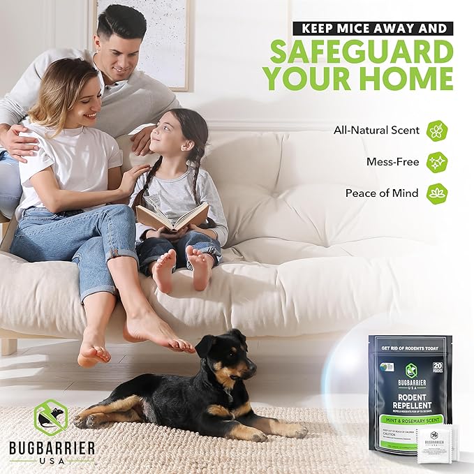 BugBarrier's Extra-Strength Mouse Repellent Deterrent Pouches, USDA 99% Biobased, Peppermint & Rosemary Oils Repel Mice Nesting in Car, RV, Boat, Garage, Shed, Cabin Made in The USA (Pack of 20)