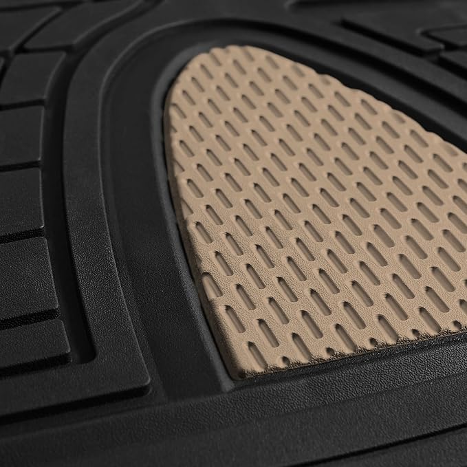 FH Group Automotive Floor Mats Tall Channel Beige Universal Fit Full Set Climaproof™ for Most Sedan, SUV and Trucks, Trimmable Rubber Combo Small Car Seat Cover Design Heavy-Duty Floor Mats for Car