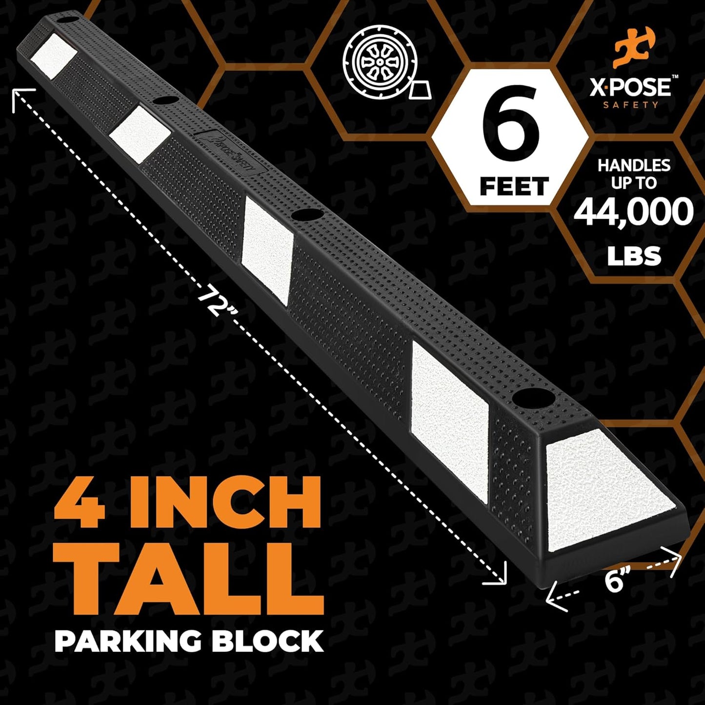 Xpose Safety 72" Heavy Duty Rubber Parking Stopper – Bulk Full Pallet 50 Pack Wheel Blocks for Garage, Driveway, or Ramp – Car Bumper Stop with White Reflective Strips – Removable Floor Mount