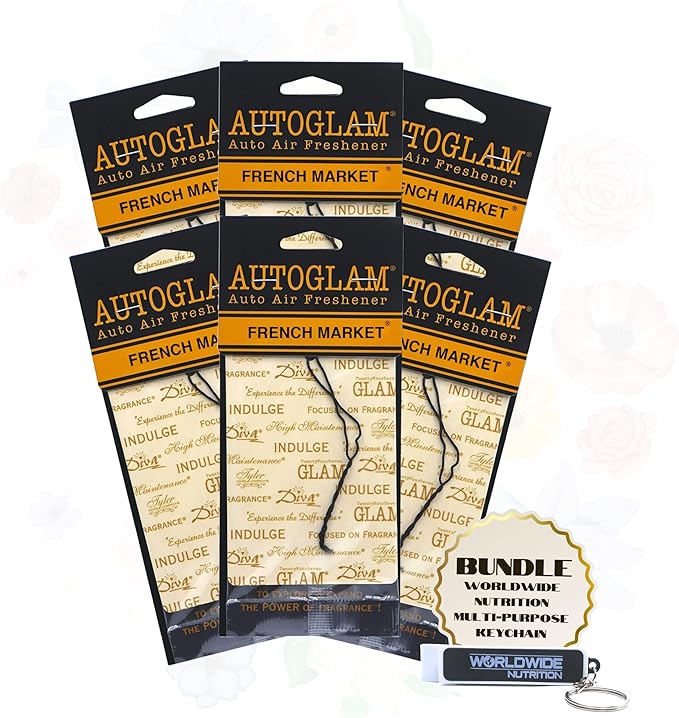 Worldwide Nutrition Tyler AutoGlam Car Air Fresheners - French Market Scent - 6 Pack with Multi-Purpose Keychain
