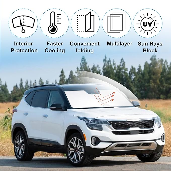 Windshield Sun Shade Custom Fit for 2021 2022 2023 2024 2025 2026 Kia Kia Seltos Accessories Foldable Sunshade Sun Blocker Protect Car from Sun Rays & Heat Damage Keep Car Cooler