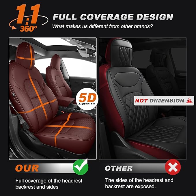 AOMSAZTO Seat Covers for Model 3 2017-2023-Full Set Leather Waterproof Car Seat Covers Airbag-Ready Design Custom Fit for Tesla Model 3(with Armrest & Rear Door Pads Cover)-Wine Red