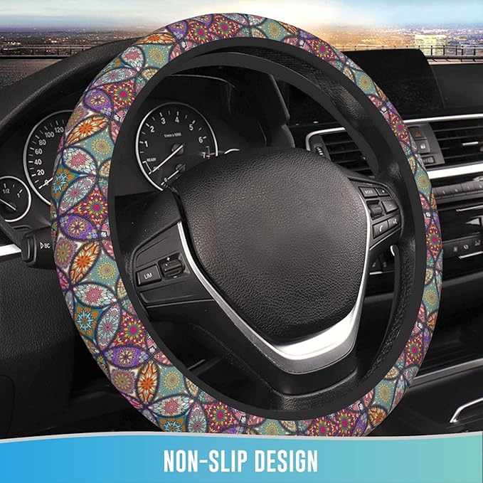 Elastic Steering Wheel Cover Car Accessories Cute Universal 15 Inch Absorbing Sweat Non-Slip Breathable for Woman - Colorful Mandala