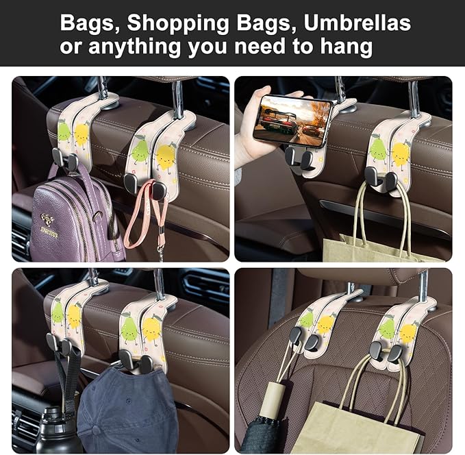CoBak Purse Hook for Car - Universal Premium Stitched Leather and Aluminum-Magnesium Alloy Double Car Seat Back Storage Hook for Purses, Handbags, Bags (2 Pack),Fruit Play