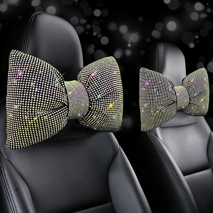 4 PCS Bling Car Pillows,Rhinestones Bowknot Car Headrest Pillow,Car Neck Pillow for Driver Relax Necksupport,Sleeping Travel Support Neck Pillow,Shiny Diamond Interior Accessories for Women, Colorful
