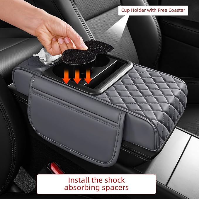 5 in 1 Car Center Console Cover, Armrest Pad with 2 Storage Pockets, Cup Holder, Tissue Box Slot, Phone Holder, Universal Car Interior Organizer (Gray)