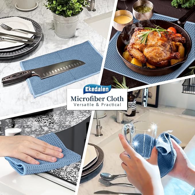 Microfiber Cleaning Cloth Waffle Weave for Dusting Absorbent Towel Quick Drying Dust Rags Household Kitchen, Lint Free Streak Free, 6 Pack,12 x 12 Inches, Blue