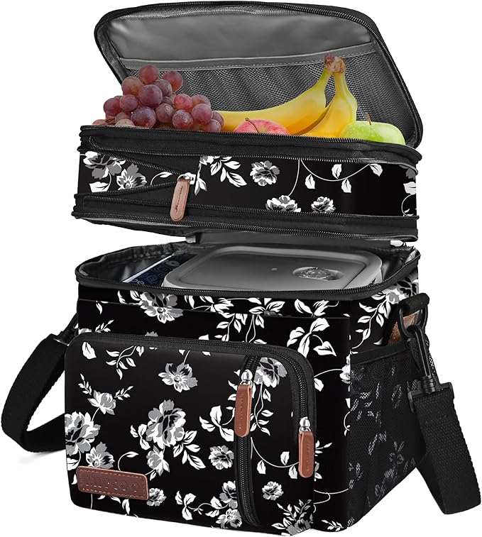 MIYCOO Lunch Bag & Lunch Box for Women Men, Double Deck Leakproof Insulated Soft Large Adult Camping Cooler bag for Work, Beach, Picnic, Travel (White Flower, 15L)