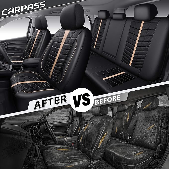 CAR PASS 3D Foam Mesh Leather Car Seat Covers Full Set, Breathable Premium Leather Seat Covers for Car,Anti Slip Universal Fit for Trucks Cars Sedans Vans SUVs, Airbag Compatible, Black Beige