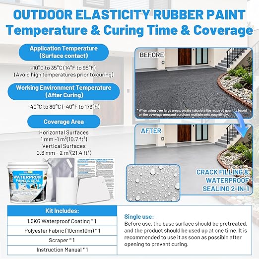 Rubber Liquid Waterproof Sealant, Waterproof Patch Seal Sealer, Cloud Gray Indoor & Outdoor Elasticity Rubber Paint, Multi Surface Foundation Leak Crack Repair-Roof Gutter Basement Water Proof Coating