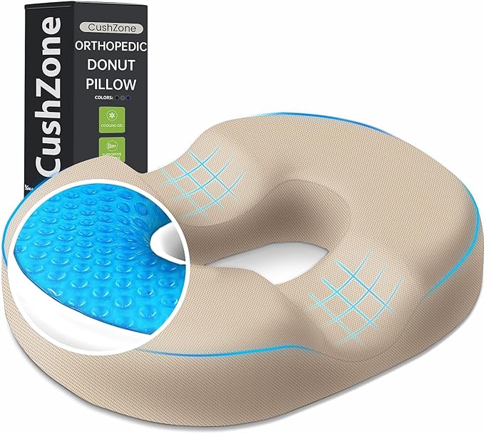 Donut Pillow Seat Cushion - Cooling Gel Outdoor Chair Cushions, Memory Foam Seat Cushion for Office & Home, Car Seat and Patio Furniture Cushions, Hemorrhoids Pillow and Tailbone Pain Relief, Khaki