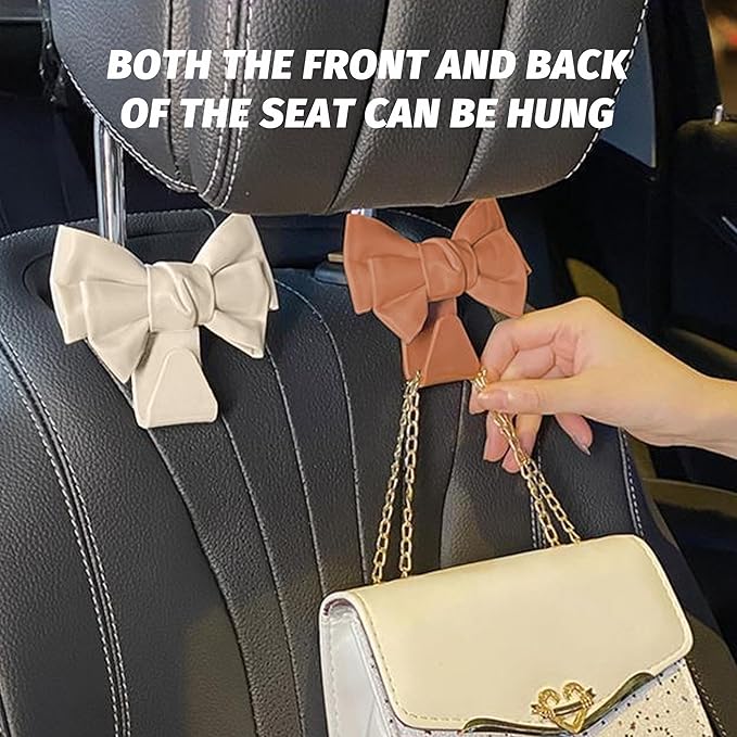 2 PCS Car Seat Headrest Hooks, Cute Bow Shaped Vehicle Backseat Storage Hooks, Leather Bow Shaped Sturdy Car Seat Back Hooks for Purses/Coats, Car Accessories (Brown)
