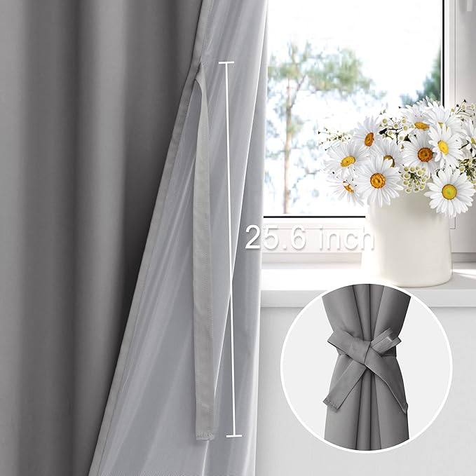 XWZO Blackout Curtains 84 Inches Long with Tiebacks- Full Light Blocking & Energy Efficiency Extra Wide Window Draperies Grommet Top with Black Liner for Bedroom, Grey, W60 x L84, Set of 2